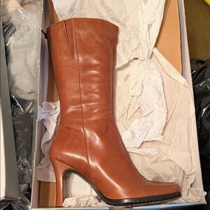 ALDO Brown Leather Mid-Calf Heeled Boot